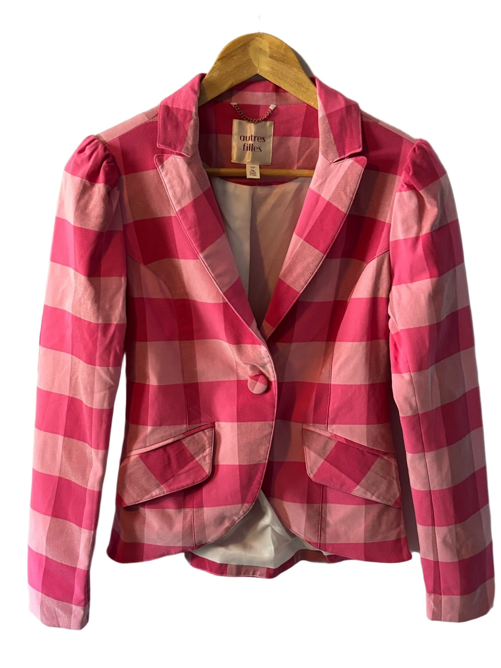 Autres Filles Other Girls Pink Check Plaid Blazer S Puff Shoulder Pockets Y2K